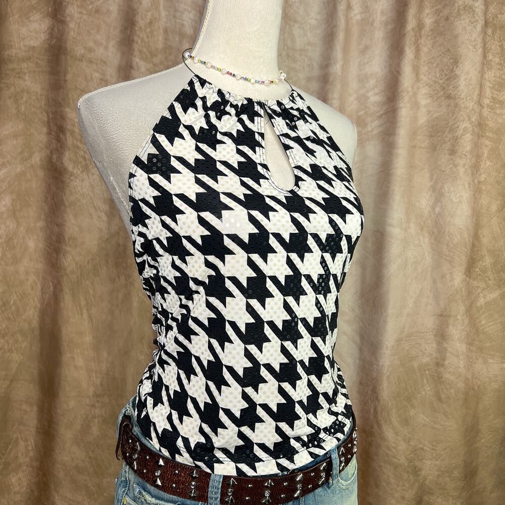 Vintage 90s Houndstooth Halter Top Choker Neck Black White Sequined Indie Club